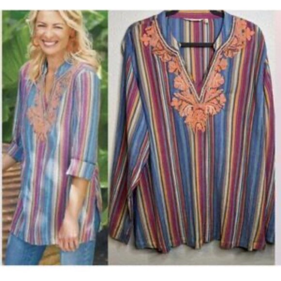 Soft Surroundings Top XS Striped Embroidered Beaded Cotton Tunic Long Sleeve - Picture 1 of 9